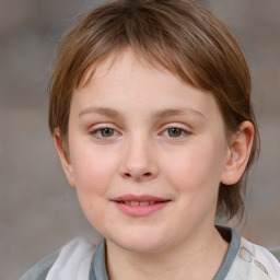 Joyful white child female with medium  brown hair and grey eyes