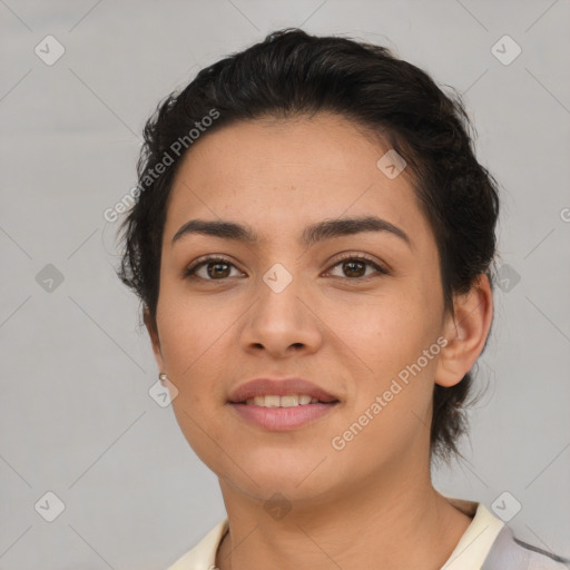 Joyful asian young-adult female with short  brown hair and brown eyes