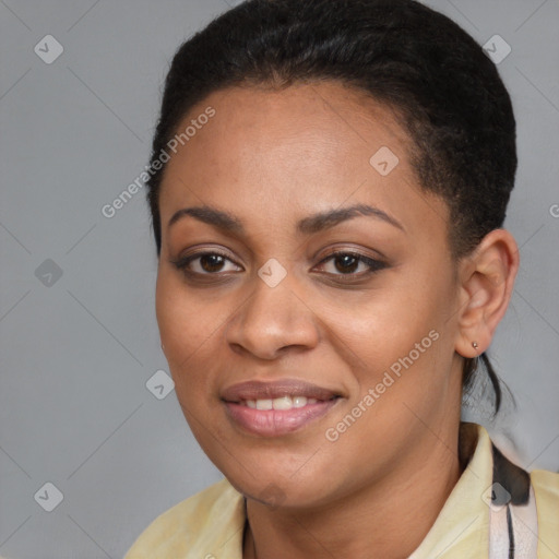 Joyful black young-adult female with medium  brown hair and brown eyes