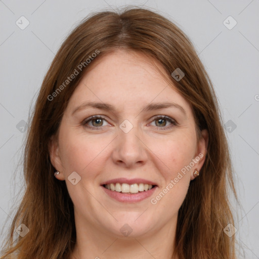 Joyful white young-adult female with long  brown hair and grey eyes