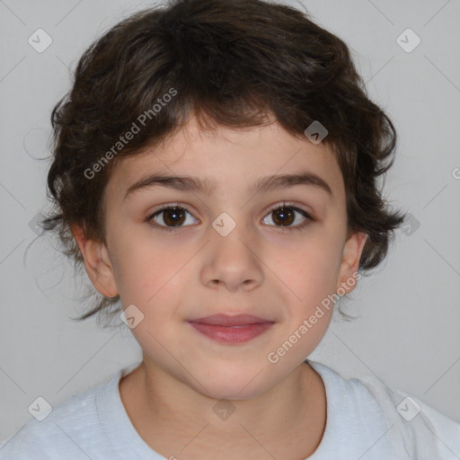 Joyful white child female with medium  brown hair and brown eyes