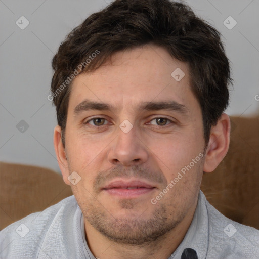 Neutral white adult male with short  brown hair and brown eyes