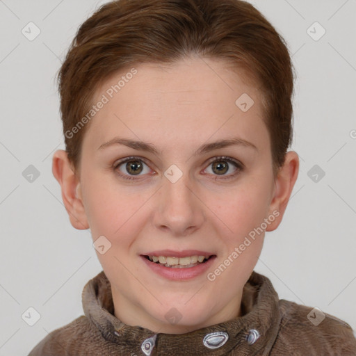 Joyful white young-adult female with short  brown hair and grey eyes