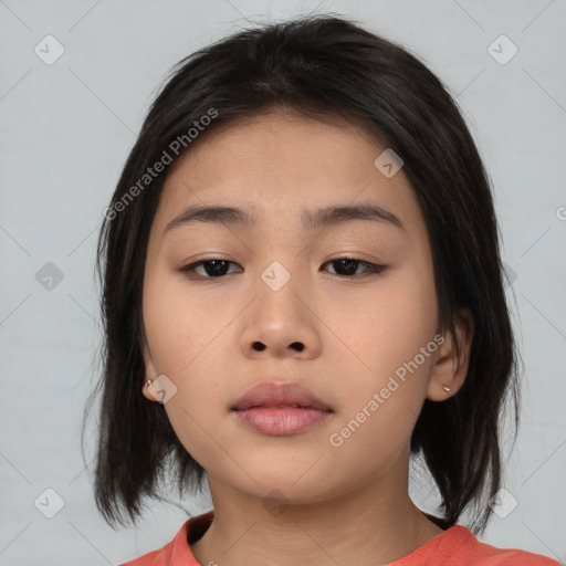 Neutral asian young-adult female with medium  brown hair and brown eyes