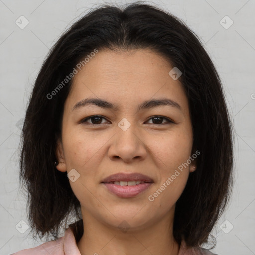 Joyful asian young-adult female with medium  brown hair and brown eyes