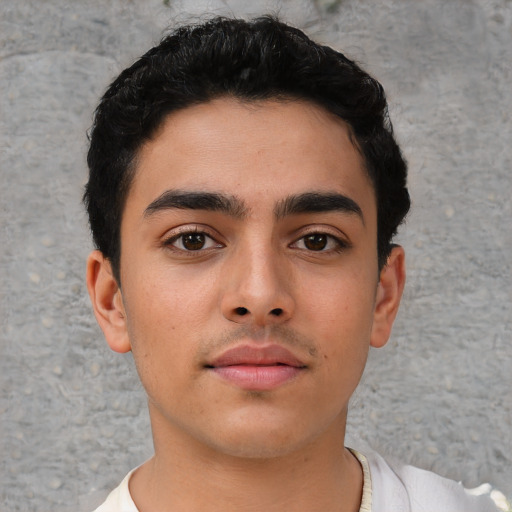 Neutral asian young-adult male with short  black hair and brown eyes