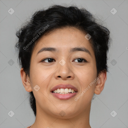 Joyful asian young-adult female with short  brown hair and brown eyes