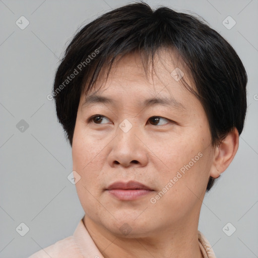 Joyful asian adult male with short  brown hair and brown eyes