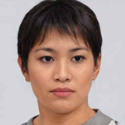 Neutral asian young-adult female with short  brown hair and brown eyes