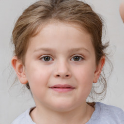 Joyful white child female with medium  brown hair and blue eyes