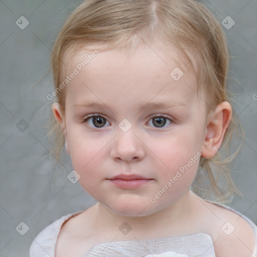 Neutral white child female with medium  brown hair and blue eyes