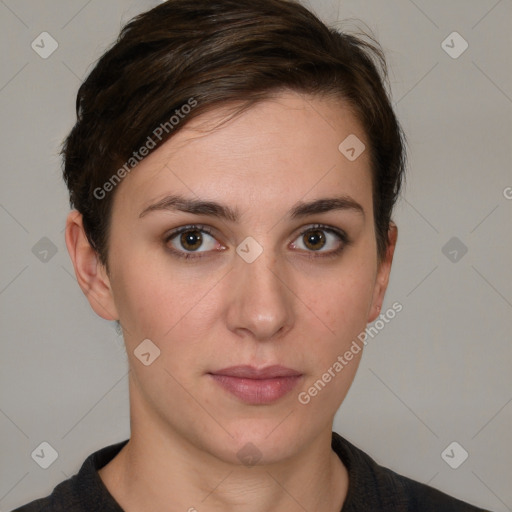 Neutral white young-adult female with short  brown hair and brown eyes