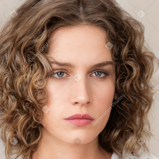 Neutral white young-adult female with medium  brown hair and green eyes