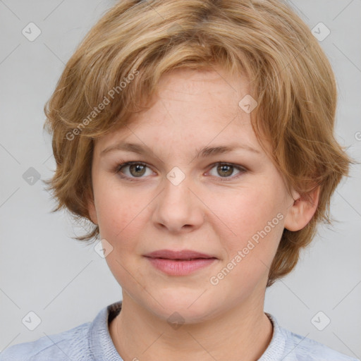 Joyful white young-adult female with medium  brown hair and blue eyes