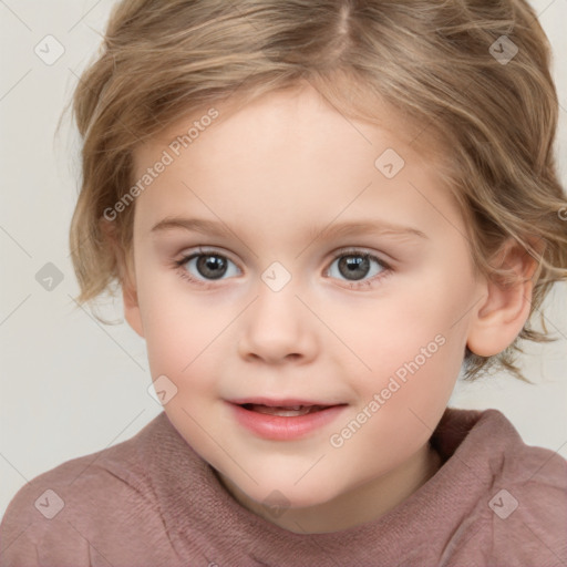 Joyful white child female with medium  brown hair and grey eyes