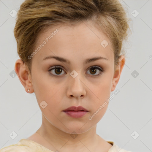 Neutral white young-adult female with short  brown hair and brown eyes