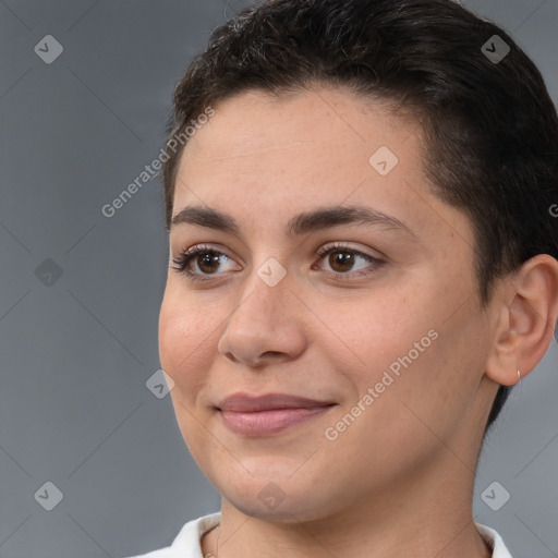 Joyful white young-adult female with short  brown hair and brown eyes