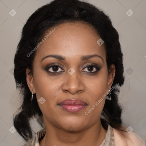 Joyful latino young-adult female with medium  black hair and brown eyes