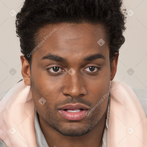 Joyful black young-adult male with short  brown hair and brown eyes