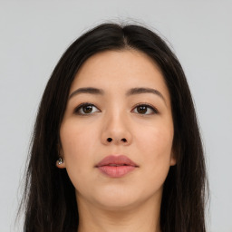 Neutral asian young-adult female with long  brown hair and brown eyes