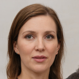 Joyful white adult female with medium  brown hair and grey eyes