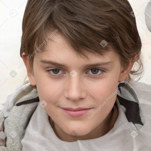 Joyful white child female with medium  brown hair and grey eyes