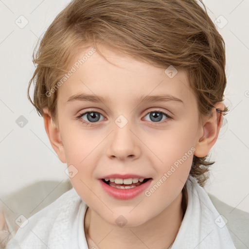 Joyful white child female with medium  brown hair and blue eyes