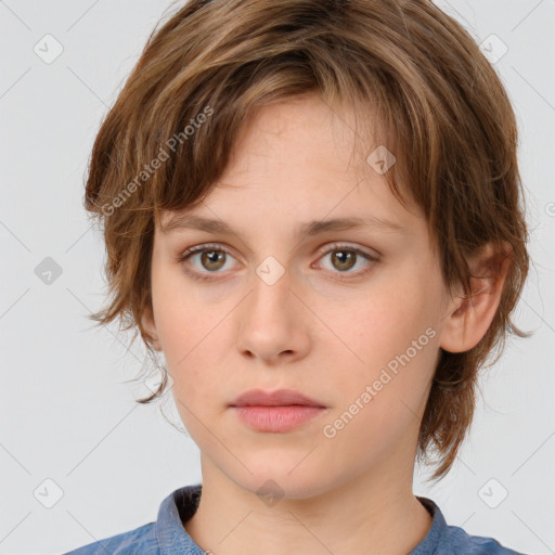 Neutral white young-adult female with medium  brown hair and brown eyes