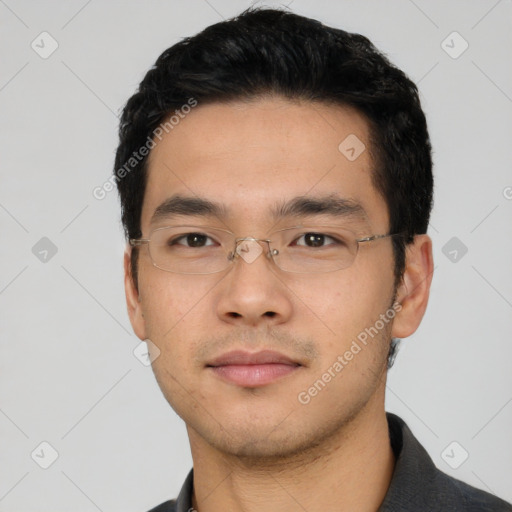 Neutral asian young-adult male with short  black hair and brown eyes