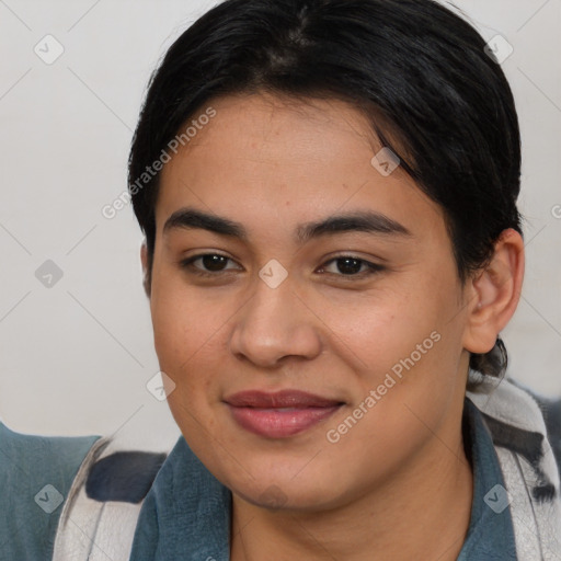 Joyful asian young-adult female with medium  black hair and brown eyes