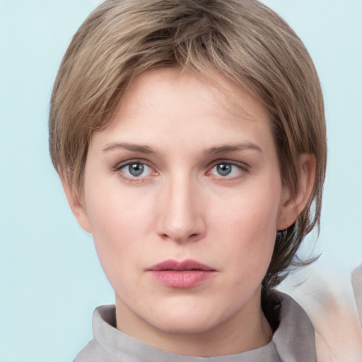 Neutral white young-adult female with medium  brown hair and grey eyes