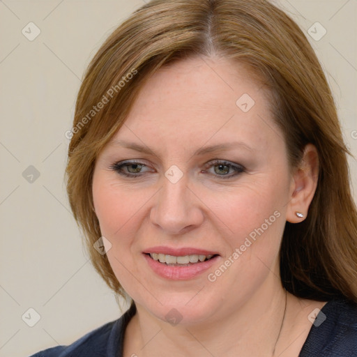 Joyful white young-adult female with medium  brown hair and blue eyes