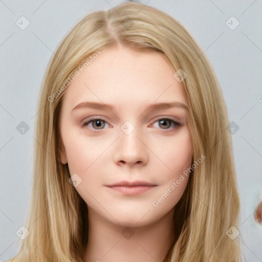 Neutral white young-adult female with long  brown hair and grey eyes