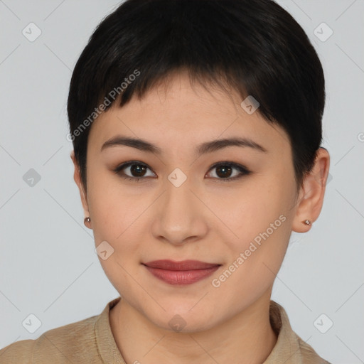 Joyful asian young-adult female with short  brown hair and brown eyes