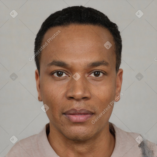 Neutral black young-adult male with short  black hair and brown eyes