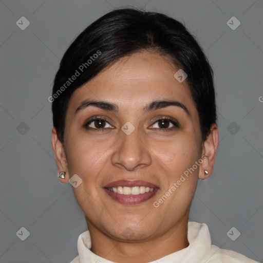 Joyful white young-adult female with short  brown hair and brown eyes
