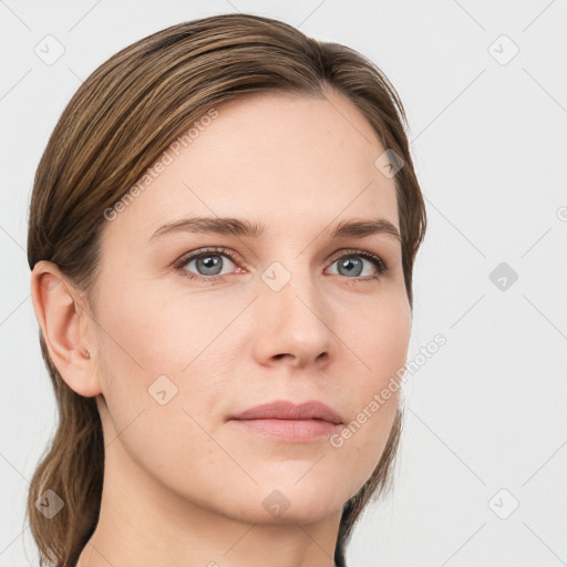 Neutral white young-adult female with long  brown hair and grey eyes