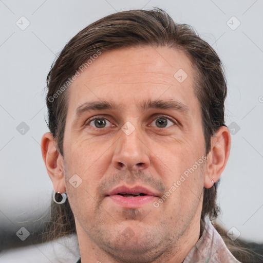 Neutral white adult male with short  brown hair and brown eyes