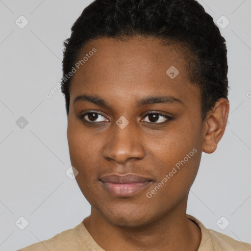 Joyful black young-adult female with short  brown hair and brown eyes