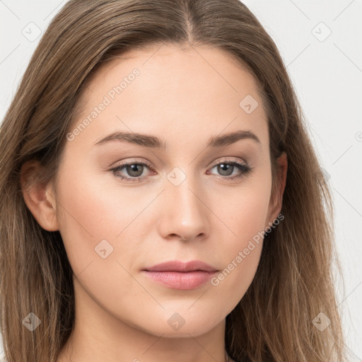 Neutral white young-adult female with long  brown hair and grey eyes