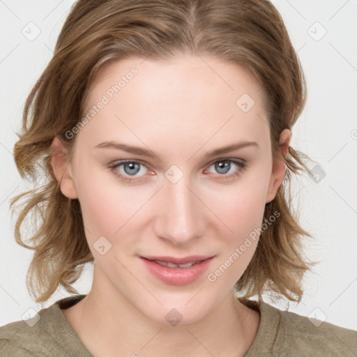 Joyful white young-adult female with medium  brown hair and blue eyes