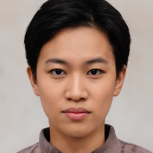 Neutral asian young-adult female with short  black hair and brown eyes