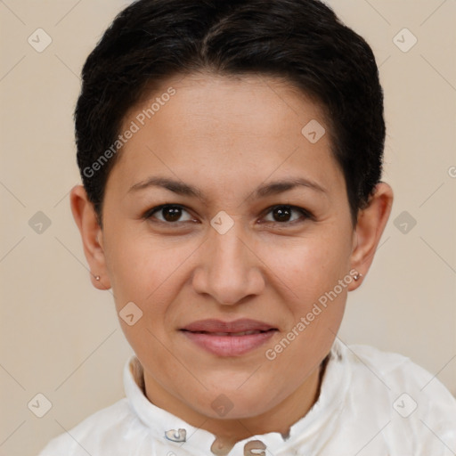 Joyful white adult female with short  brown hair and brown eyes