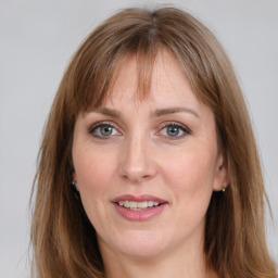 Joyful white adult female with medium  brown hair and grey eyes