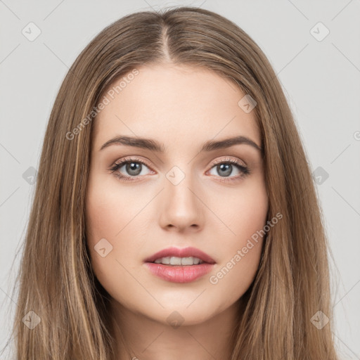 Neutral white young-adult female with long  brown hair and brown eyes