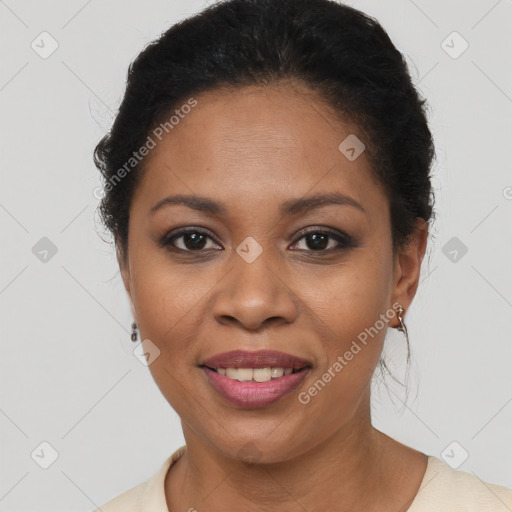 Joyful latino young-adult female with short  brown hair and brown eyes