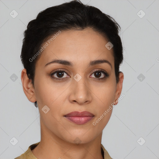 Joyful latino young-adult female with short  brown hair and brown eyes