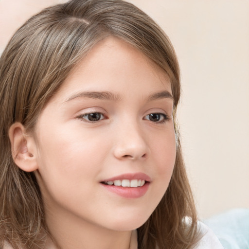 Joyful white child female with long  brown hair and brown eyes