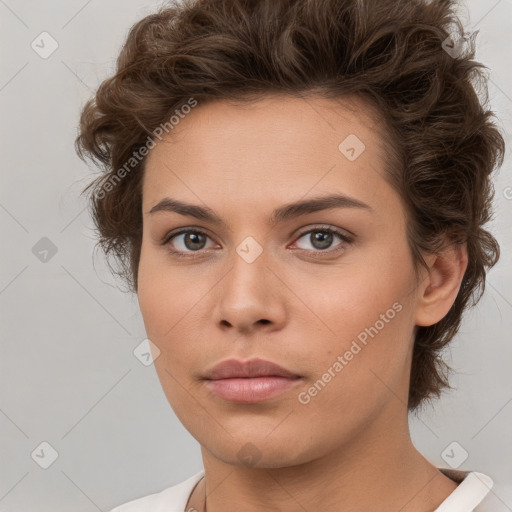 Neutral white young-adult female with short  brown hair and brown eyes