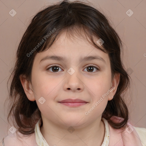 Joyful white child female with medium  brown hair and brown eyes